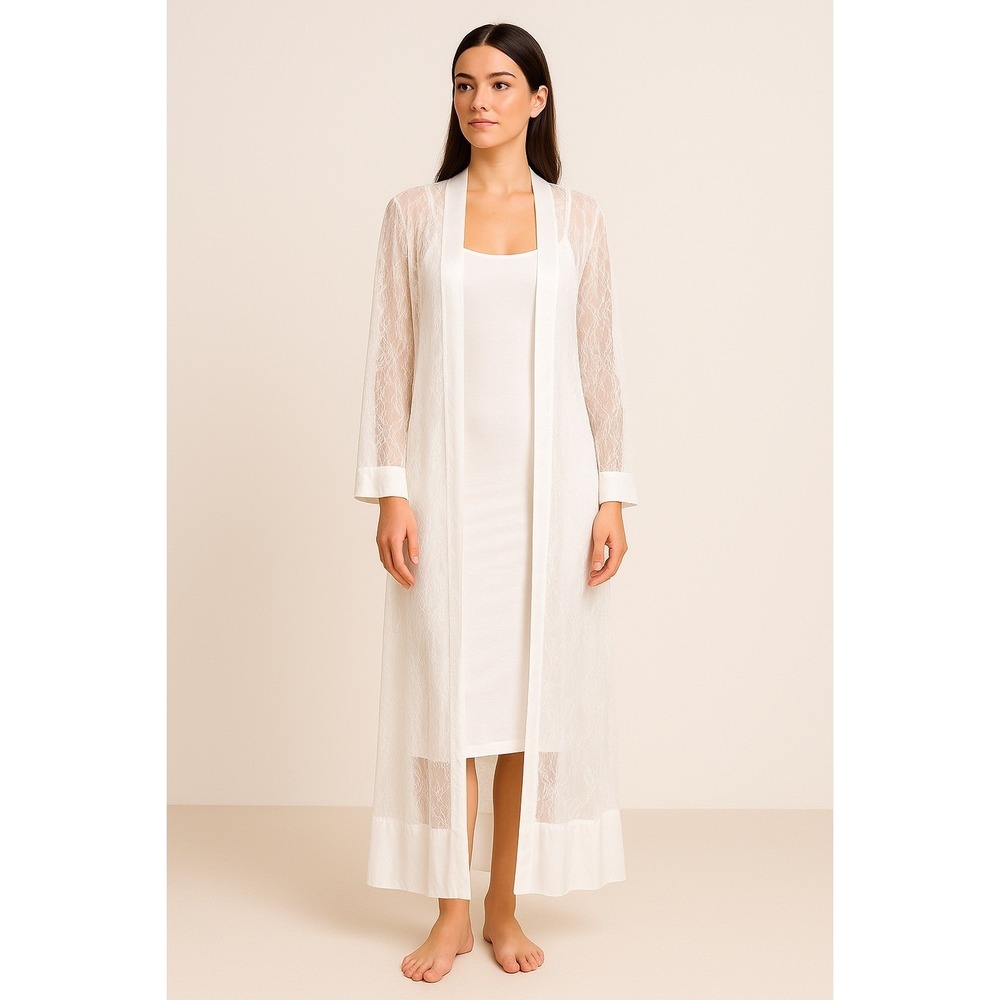 Sheer White Lace Kimono Duster Long Sleeve Satin Trim Elegant